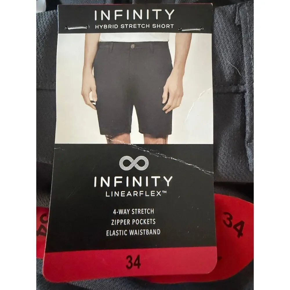 NWT Infinity Black Hybrid Stretch Flat Front Chino Shorts Men's Size 34